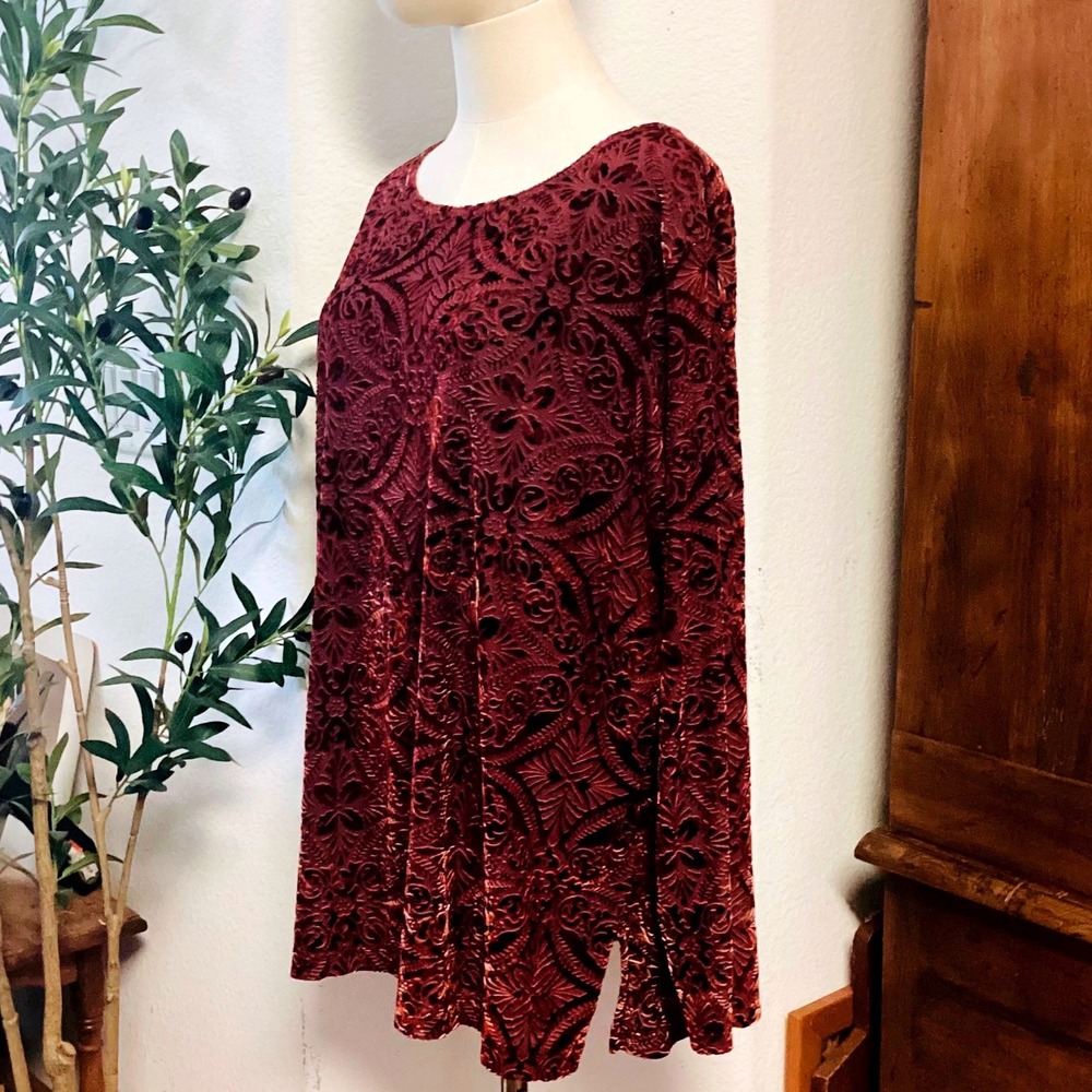 Coldwater Creek Womens XL Burgundy Burnout Velvet Damask Floral Tunic Top Lined